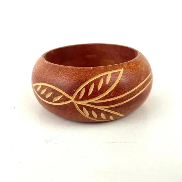 VTG Brown Wood Chunky Bracelet Wooden Bangle Carved Unique Design - Picture 1 of 8